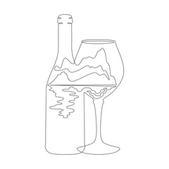 Wall Mural - Bottle of wine. Glass for alcohol. Mountain southern sea landscape. Coast.Double exposure. Picture in picture.Continuous one line drawing. Lineart vector illustration.