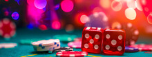 Thrilling Atmosphere Of A Casino With A Close-up Of Red Dice And Various Colored Gambling Chips On A Gaming Table, All Set Against A Backdrop Of Dazzling And Vibrant Bokeh Lights