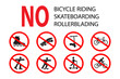 No Skateboarding, Bicycle Riding, Roller Blading, Roller Skating, Scooter Riding Sign. Ban bike, skateboard, scooter and roller sign icon. Prohibit wheel transport. Isolated Vector Illustration.
