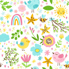  Spring seamless pattern in cartoon style. Colorful childish doodle with simple birds, a bee and flowers. Sun, rainbow and raindrops. Creative baby texture for fabric, paper