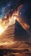 Cosmic interactions at a majestic pyramid, where extraterrestrial enigma meets earthly wonder, creating an otherworldly scene. 