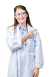 © Krakenimages.com - Middle age mature doctor woman wearing medical coat over isolated background cheerful with a smile of face pointing with hand and finger up to the side with happy and natural expression on face