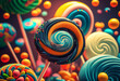 Candies and lollipops on a colored background, Top view. Generative AI	