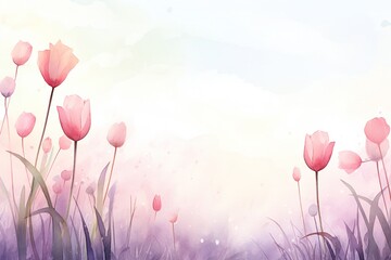 Watercolor wet ink style, soft spring field, tulip flowers, minimal with empty copy space Generative Ai