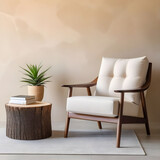 Fototapeta  - Fabric lounge chair and wood stump side table against beige stucco wall with copy space.