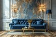 luxurious and contemporary living room decor Blue navy sofa, a gold table, and a gold lamp on a light-colored wall and wood floor make up the living coral d�cor concept.
