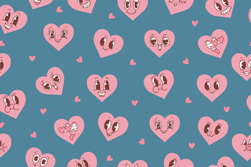 Wall Mural - Vector pattern with cute cartoon pink hearts.Seamless pattern for Valentine's Day. Trendy retro cartoon heart characters seamless pattern. Groovy style, vintage, 70s 60s aesthetics. Vector 