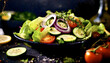 gemischter, salat, close up, schwarz, hintergrund, makro, frisch, zucchini, zwiebeln, kräuter
