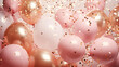 © Katrin_Primak - festive background in gold pastel rose pink color metallic balloons, confetti and ribbons, luxury balloon
