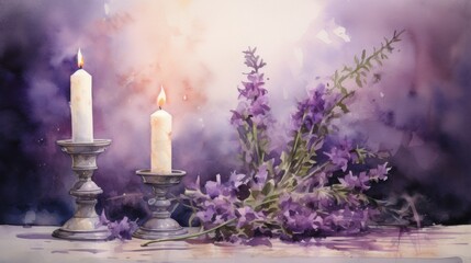 Wall Mural - Artistic watercolor painting of an Ash Wednesday scene, featuring a candle, ash cross, and purple flowers, tranquil and spiritual atmosphere.