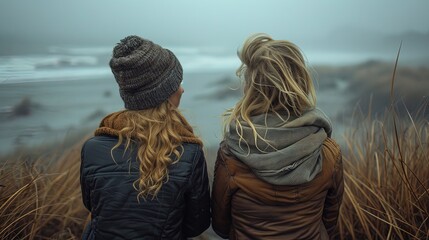 Tranquil moment captured from behind, two women, friends, sitting by the ocean in nature, in conversation with a breathtaking view