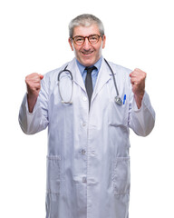 Wall Mural - Handsome senior doctor man over isolated background excited for success with arms raised celebrating victory smiling. Winner concept.