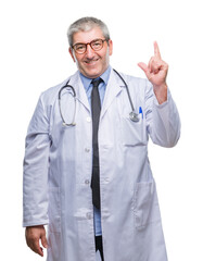 Wall Mural - Handsome senior doctor man over isolated background pointing finger up with successful idea. Exited and happy. Number one.