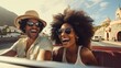 A cheerful African-American couple in glasses on a convertible travels the world