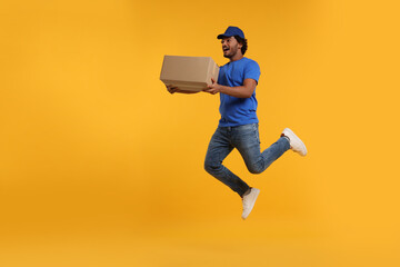 Sticker - Happy courier with parcel jumping on orange background, space for text