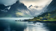 A dramatic fjord, with mist-covered peaks as the background, during the mystical dawn hours