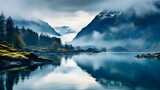 Fototapeta Natura - A dramatic fjord, with mist-covered peaks as the background, during the mystical dawn hours