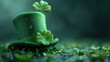 Happy St.Patriks day. Composition with clover leaves and leprechaun hat.	
