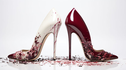 High Heels in Haute Couture Style with Artistic Burgundy Paint Splashes on Minimalistic White Backgrouns, Idea for Fashion Shoes Advertising Concept, Luxury Fashion