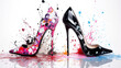 © iv work - High Heels in Haute Couture Style with Artistic Colorful Paint Splashes on Minimalistic White Backgrouns, Idea for Fashion Shoes Advertising Concept, Luxury Fashion