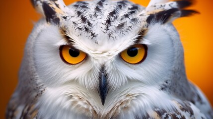 Wall Mural - Closeup of a white owl with yellow eyes looking at the camera. Wildlife image of a beautiful white owl sitting on a branch. Owl with gray feathers sitting on a blurred background.