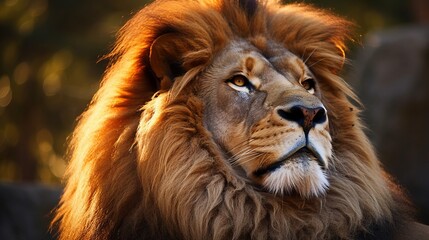 Wall Mural - Closeup portrait of a beautiful lion face looking up. Wildlife image of a lion with a big mane looking upwards. Image of a  big furry lion.