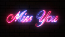 Shining Text And Love Concept. Glowing Neon-illuminated And Animated Text "Miss You" Was Isolated On A Brick Wall. Happy Valentine's Day! Stylish Text Design