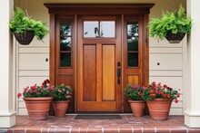 Front Door With Square Decorative Windows And Flower Pots
