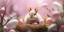 Easter Bunny And Pink Easter Eggs In A Nest