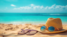 Straw Hat, Sunglasses And Flip-flops On A Tropical Beach. Summer Holiday And Travel Background