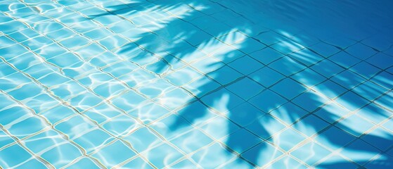 Wall Mural - Surface of blue pool water with shadow from palm leaf, abstract summer fresh background