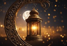 Golden Lantern Hanging From Ornate Crescent Moon