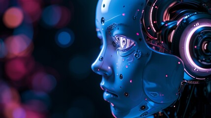 Ai robot on dark blur background with copy space for text. 