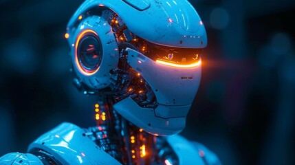 Ai robot on dark blur background with copy space for text. 