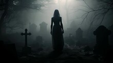 A Black And White Silhouette Of A Woman Standing In A Graveyard In The Fog Standing Over A Freshly Dug Up Grave.