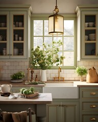 Wall Mural - Kitchen dining room country style, rustic style in the interior, French classic, green kitchen, wooden countertop, ceramic tile floor