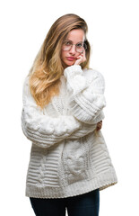 Sticker - Young beautiful blonde woman wearing winter sweater and sunglasses over isolated background thinking looking tired and bored with depression problems with crossed arms.