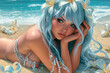 beautiful anime girl in the tropical beach