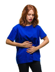 Sticker - Young beautiful woman over isolated background with hand on stomach because indigestion, painful illness feeling unwell. Ache concept.