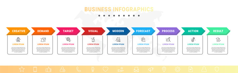 Vector concept of infographics with arrow business model for nine successive steps. 9 colorful timelines with rectangular elements. Modern design for brochure, and presentation