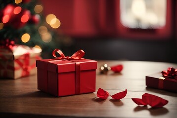 Red gift box on a table