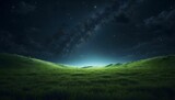 Fototapeta  - point of view from the ground of a grassy pasture landscape at midnight, realistic, high contrast, 4k, ultra detailed.  generative AI
