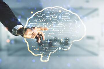 Wall Mural - double exposure of man hand working with creative human brain microcircuit hologram on blurred offic