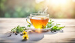 A cup of herbal tea outdoors with copy space