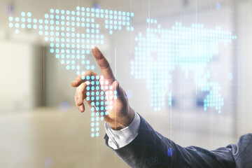 Wall Mural - multi exposure of businessman hand presses on abstract creative digital world map hologram on blurre