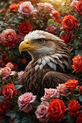 Noble Gaze: Eagle Surrounded by Blooming Roses