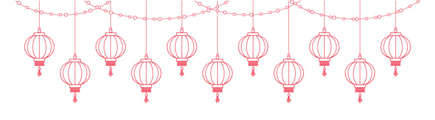 Wall Mural - Hanging Chinese New Year Lanterns Outline Line Art Banner Border, Lunar New Year and Mid-Autumn Festival Graphic