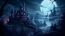 Illustration Of Horror Majestic Castle In Black Fog At Night