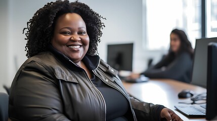 Dark skinned plus-size, overweight beautiful large female businesswoman using laptop at desk in modern office