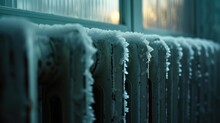 Closeup Of A Radiator Covered With Snow In A Cold Winter Day